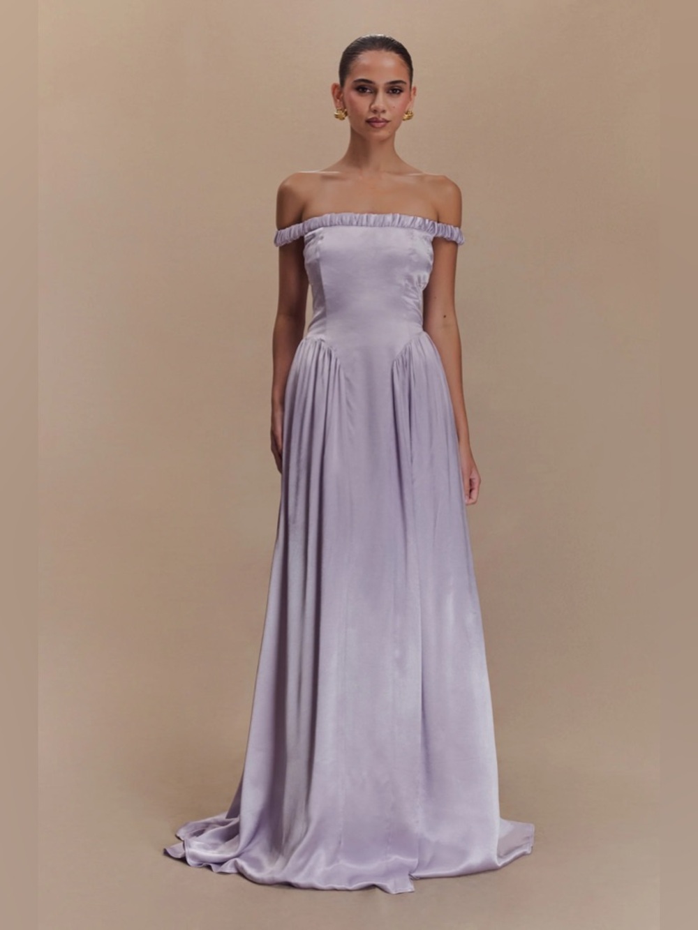 Meshki Off-Shoulder Lavender Satin Evening Gown